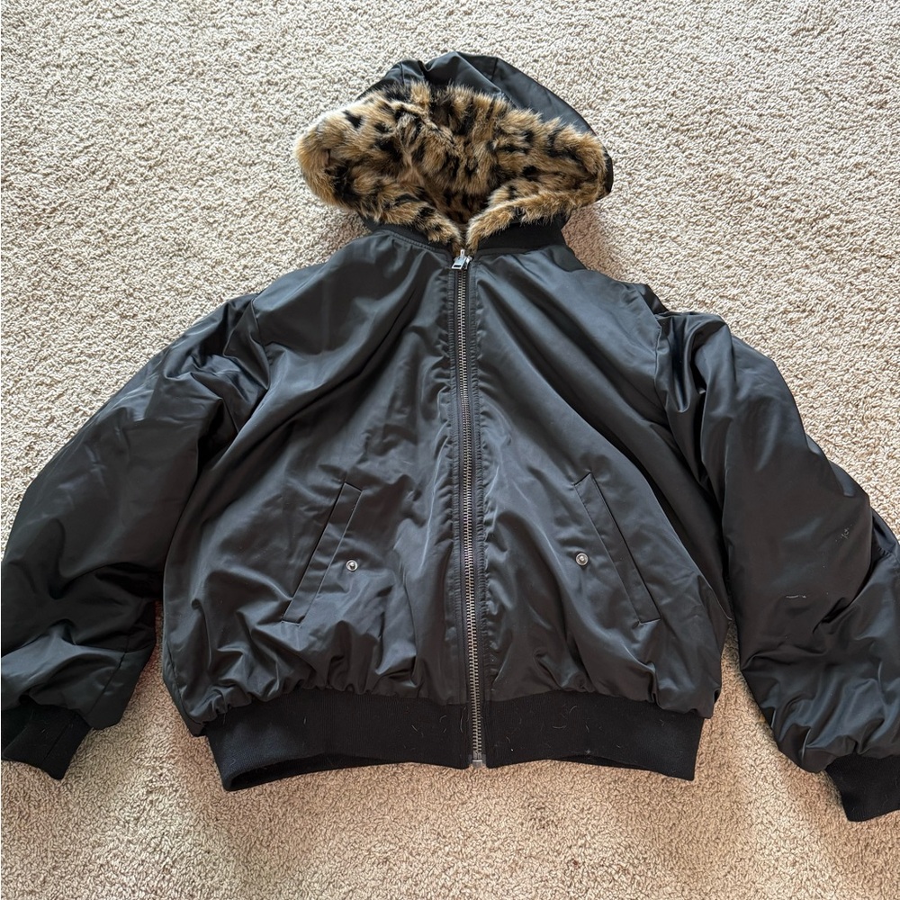 Black Bomber Jacket with Leopard Print Lining - Picture 2 of 2